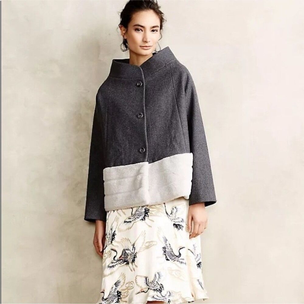 Anthropologie Mignon Doo Soirée Swing Coat Grey Wool Faux Fur Trim Size